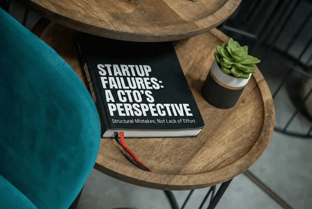Book titled “Startup Failures: A CTO’s Perspective” on a wooden table, representing analysis of structural reasons startups fail.