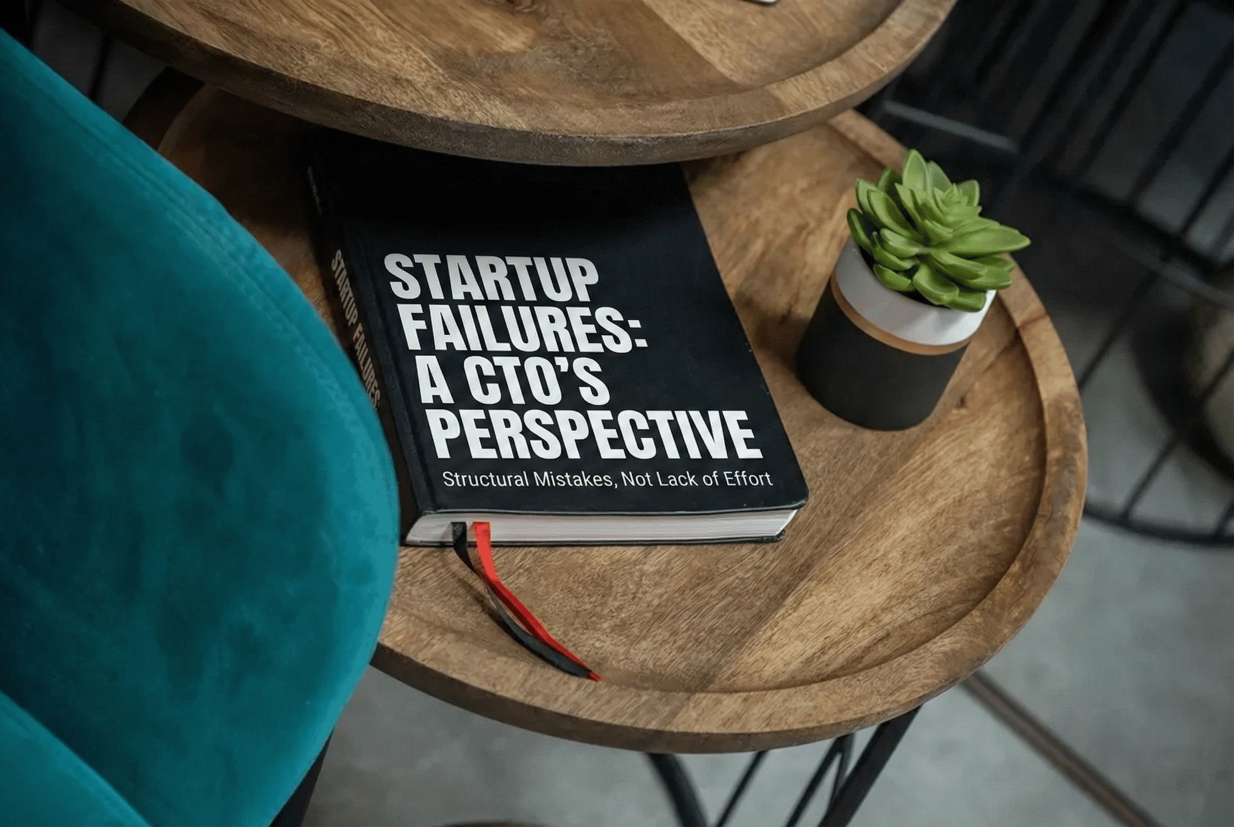 Book titled “Startup Failures: A CTO’s Perspective” on a wooden table, representing analysis of structural reasons startups fail.