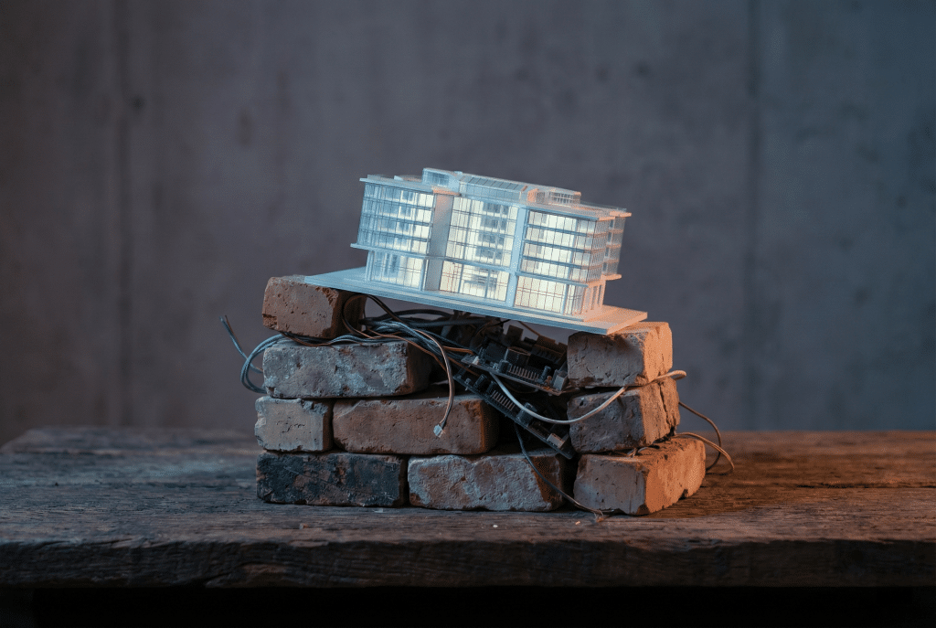 Model building resting on unstable bricks and exposed electronics, symbolizing a startup built on a weak technical foundation.