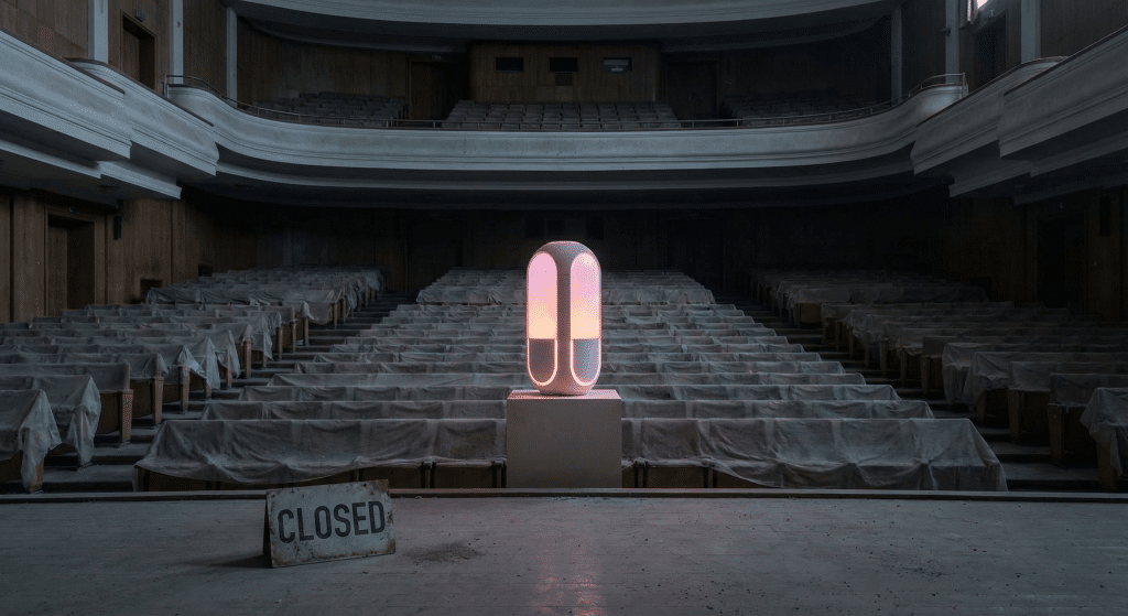 Empty auditorium with a closed sign and a product displayed on stage, symbolizing a startup product that launched too late to find an audience.