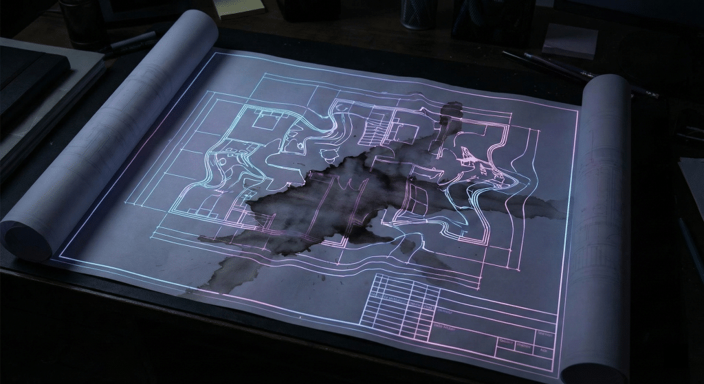 Damaged architectural blueprint symbolizing flawed planning and structural problems that cause many startups to fail.