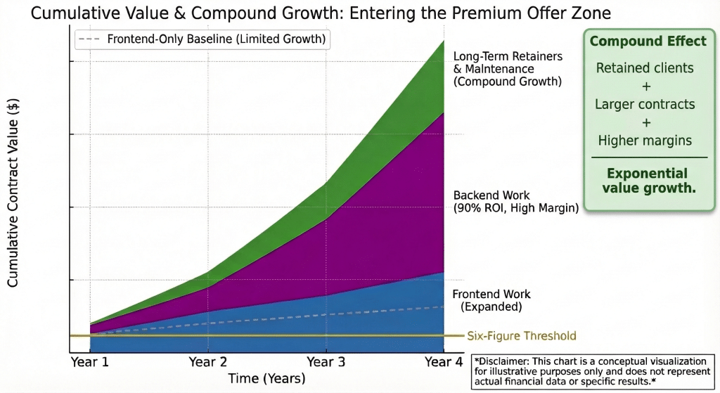 Conceptual chart showing how High Rock Studios increased cumulative contract value over time by adding backend development to frontend services, enabling higher margins, larger contracts, and compound growth.