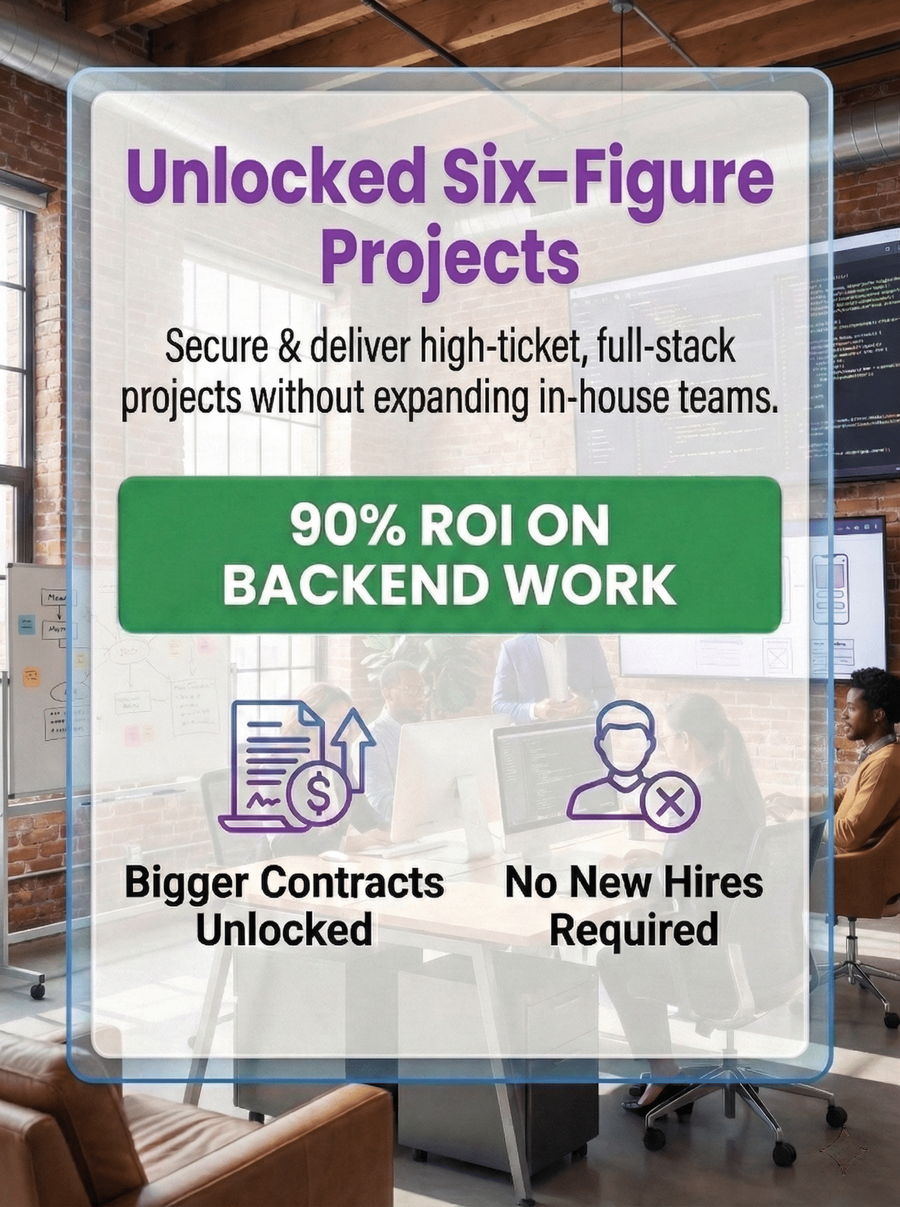 Graphic showing High Rock Studios unlocking six-figure projects and achieving 90% ROI with a backend development partner.