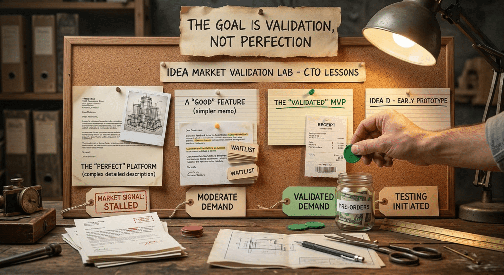 startup validation board showing MVP testing demand signals and pre orders instead of building perfect product